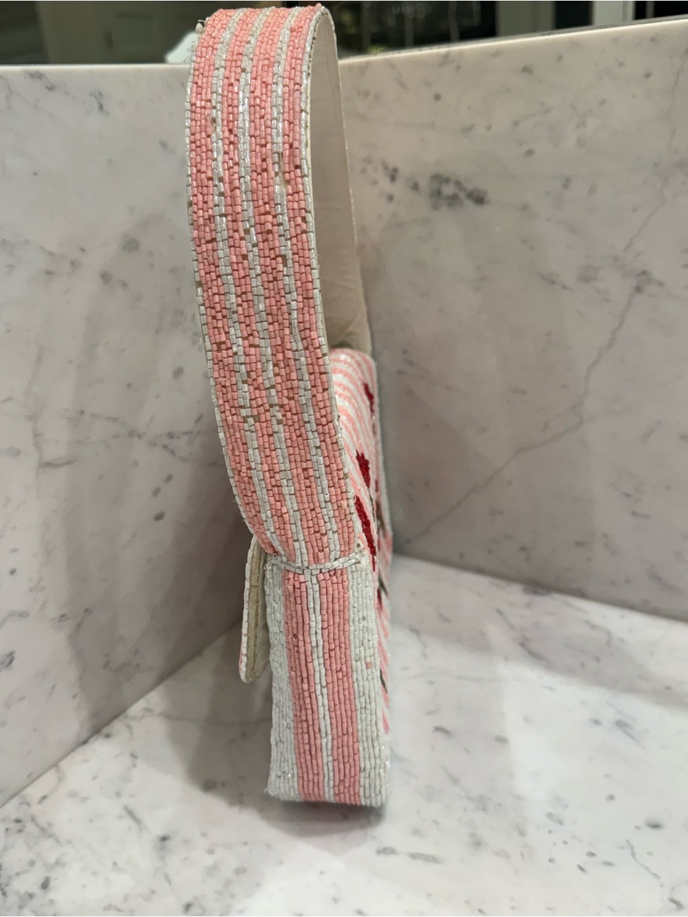 🍒Handcrafted in India Viral Beaded Cherry Shoulder Bag Cherries Pink Striped - Picture 10 of 13